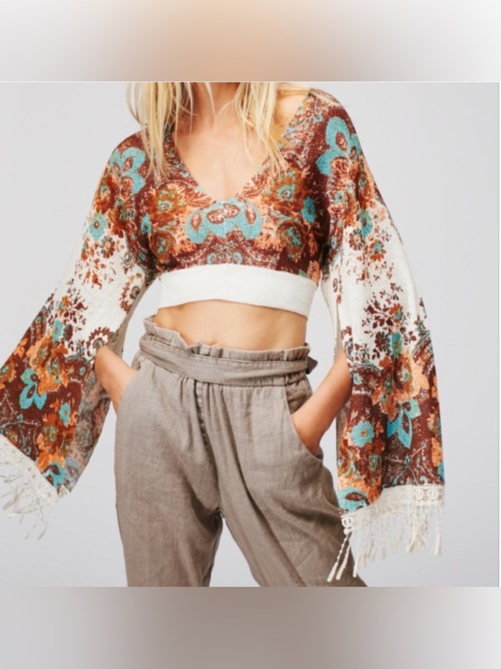 Free People Meet Me At Woodstock Printed Cropped Sweater Shirt Top